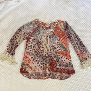 Sundance Boho Pink Paisley Fringe Sleeves Blouse medium red blue